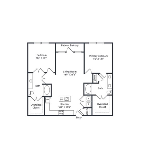 A floor plan of a house with two bedrooms, a living room, a kitchen, and two bathrooms.